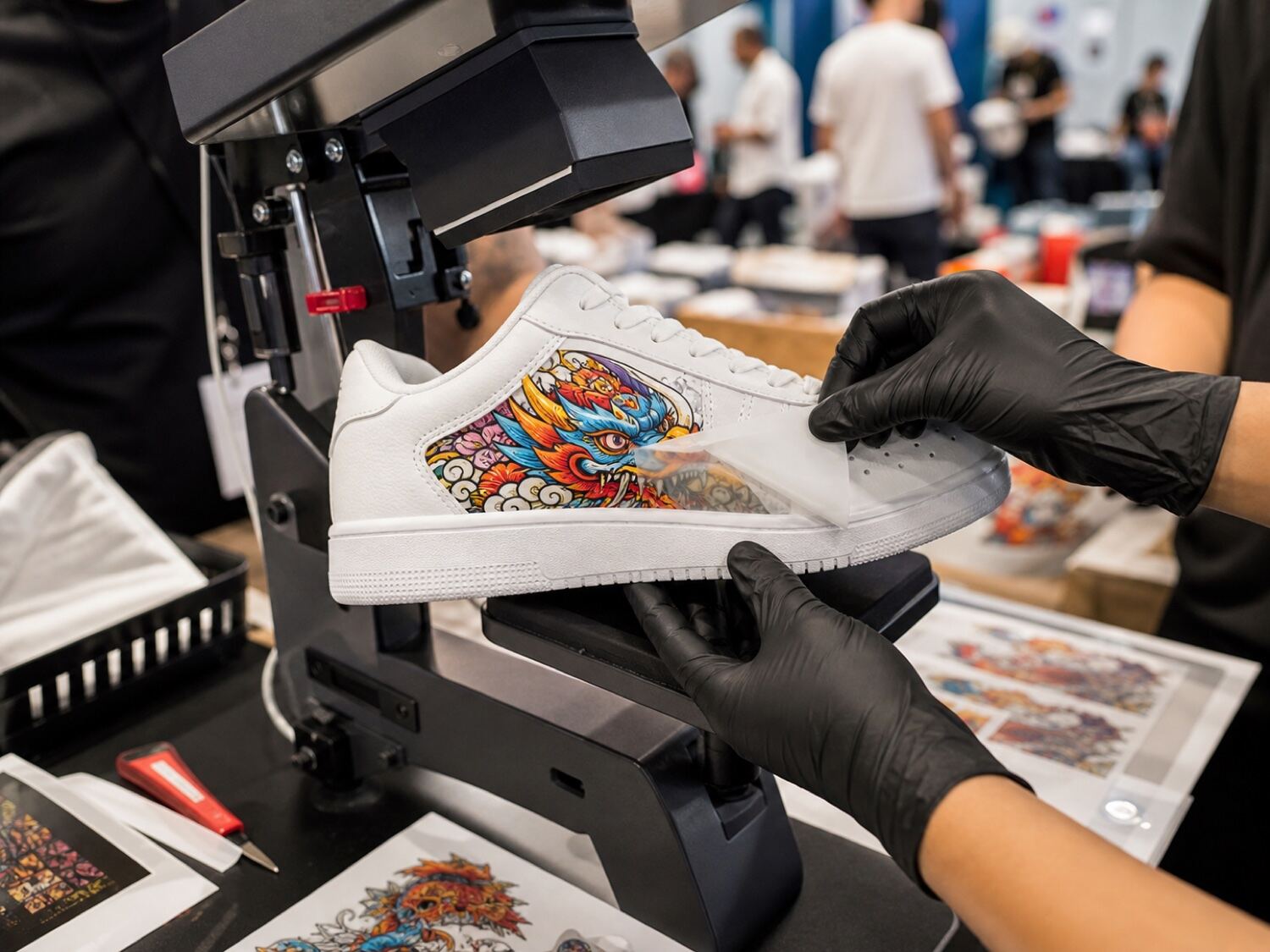 Gloved hands peeling a full-color DTF transfer onto a white sneaker at an event press station